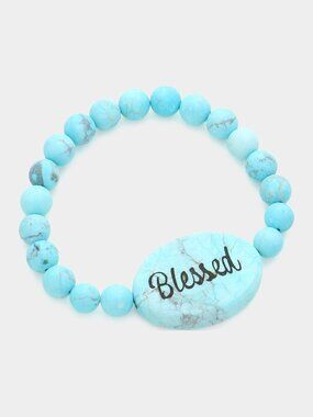 Blessed Bracelet - Turquoise Howlite Beaded Stretch, Engraved Message Stone